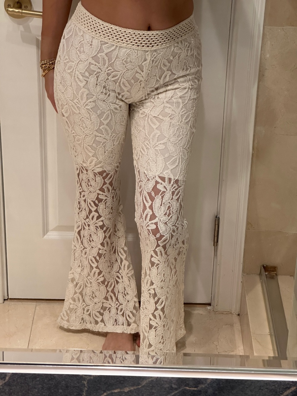 Crochet Lace Flared Pants - Cream